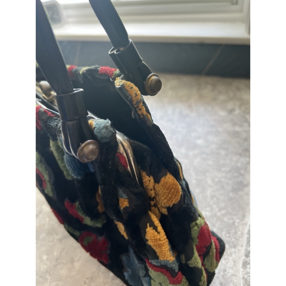 Vintage Floral Chenille Handbag Black Tapestry Carpet Bag Purse Double Handle - Picture 12 of 16